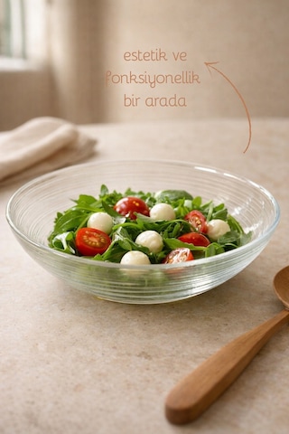 El Yapımı Cam, 19cm Line Model Kase - Bowl Kasesi - Salata Kasesi Şeffaf