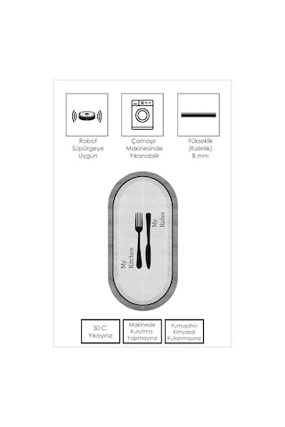 West Home Makinede Yıkanabilir Kaymaz Taban Leke Tutmaz Gri Oval Mutfak Halısı Mutfak Kesme Yolluk