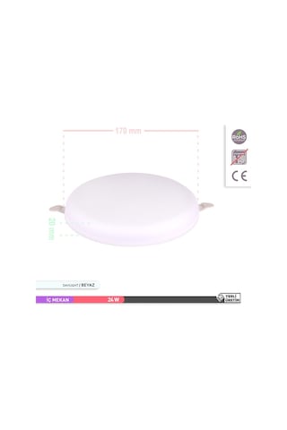 ACK 24W Çerçevesiz Sıva Altı Yuvarlak LED Panel Armatür 6500K Beyaz Işık Beyaz