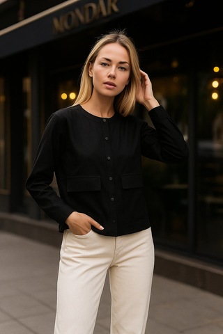 Kadın Siyah Cepli Hakim Yaka Gömlek Şık Ve Rahat Tasarım Siyah