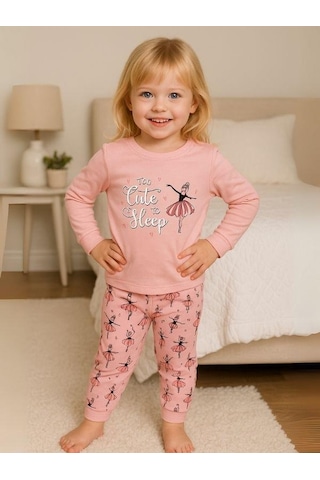 Kız Çocuk Pamuklu Balerin Baskılı Pijama-16018 Pembe
