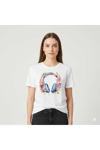 Çiçekli Kulaklık Baskılı Pamuk Kadın T-shirt Beyaz