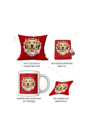 Köpek Sever Hediye Seti Golden Retriever Temalı Baskılı Kupa Yastık İsimli Mause Ped Bardak Altlığı Hediye Seti