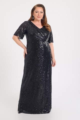 Lilas Xxl Kadın Büyük Beden Pul Payetli V Yaka Uzun Abiye Elbise 9646 Siyah Siyah