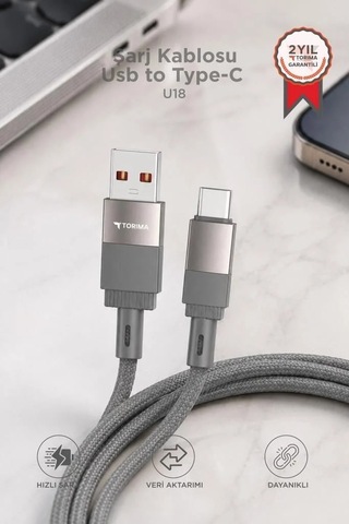 Premium Yedek Parça Seyahat Ürünü Dijital Ürün Şarj Kablosu Usb To Type-c Data Kablo U18 Gri