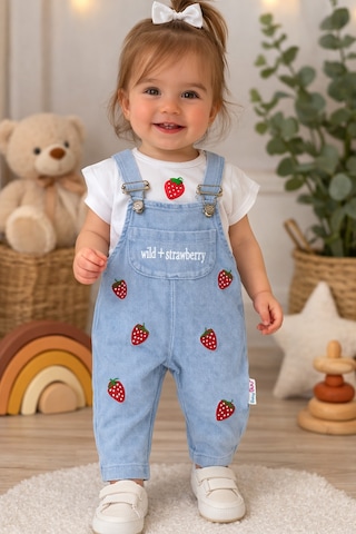 Baby Buu Çilek Desenli Denim Kotlu Kız Bebek Bayramlık Salopet Bahçıvan 6-9ay, 9-12ay, 12-18ay, 18-24ay Mavi Mavi
