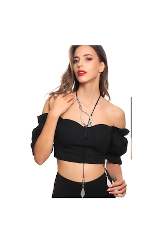 Kadın Antik Gümüş Kaplama Yaprak Charmlı Dolama Model Tasarım Ip Kolye Gümüş - Siyah