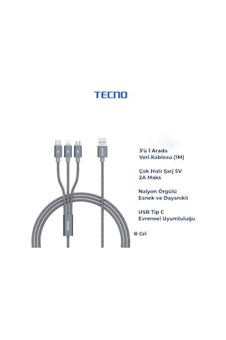 Tecno TCN31 3in1 Lightning Type-C Micro Çıkışlı Örgülü Şarj Kablo