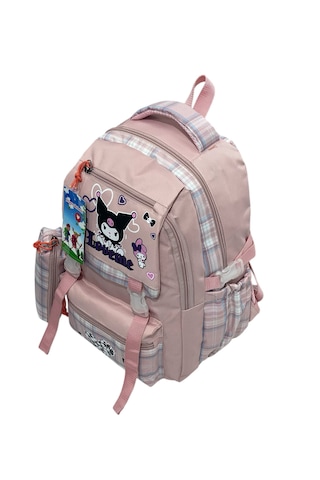 Kuromi Desenli Ekoseli Okul Çantası Folyolu Beslenme Ve Kalemlik Pembe