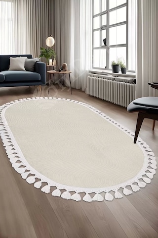 Avangard Oval Halı Sahra Krem Salon Koridor Antre Mutfak Halısı Silinebilir Saçaklı
