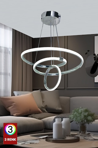 Mars 3 Renk Krom Salon Led Avize Ledli Avize Büyük Salon Avizesi Kumandasız Krom- Gümüş