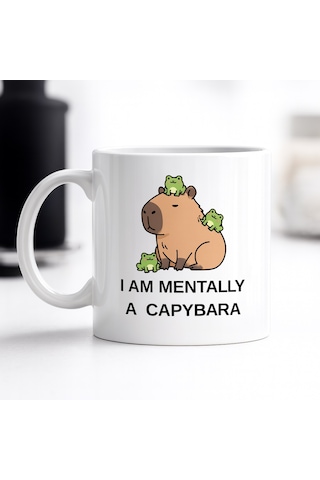 Vaveni I Am Mentally A Capybara Yazılı Kapibara Tasarımlı Kupa Model 214 Baskılı Seramik Kahve Kupası Arz Çok Renkli