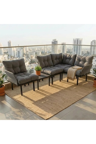 Bahçe Köşe Takımı Balkon Ve Cafe Modüler Metal Köşe Koltuk Takımı Sehpalı Füme 1634 Füme