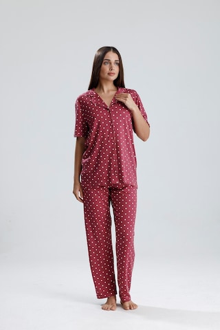 Kompedan Kadın Puantiye Desen Önden Düğmeli Pijama Takım Mürdüm P. Mürdüm