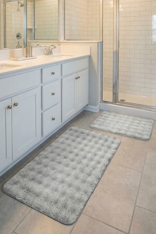 2 Li Peluş Bubble Banyo Paspas Seti 60x100+50x60 Cm Kaymaz Lateks Taban, Yumuşak Yüzey, Yıkanabilir Gri