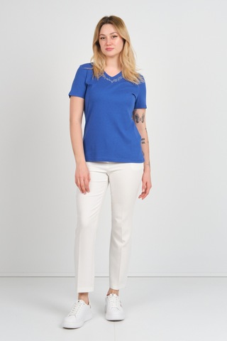 Ella Camelia Kadın Yakası Taş Ve Süs İşlemeli Kısa Kollu Pamuklu Bluz 24e002 Gece Mavisi Gece Mavisi