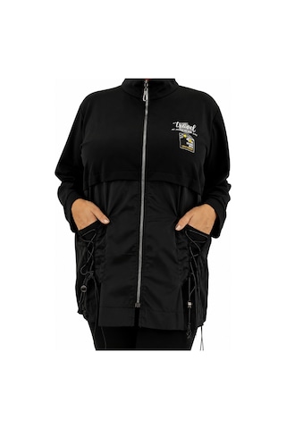 Büyük Beden Pamuklu Fermualı Cepli Spor Kadın Sweatshirt Siyah