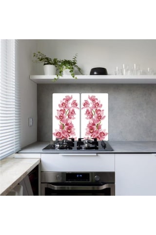 Dekoratif Cam Ocak Koruyucu ve Kesim Tahtası Pembe Orkide 60Cm X