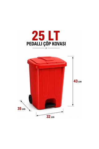 25 Lt Pedallı Çöp Kovası İç Kovasız Kırmızı Renk Çok Renkli