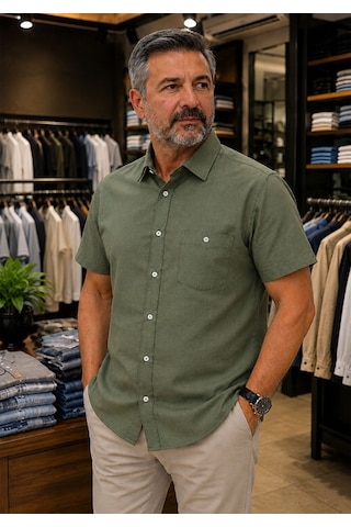 Beyome Erkek Keten Görünümlü Kısa Kollu Gömlek Rahat Kalıp Yazlık Nefes Alan Kumaş S-5xl Koyu Yeşil