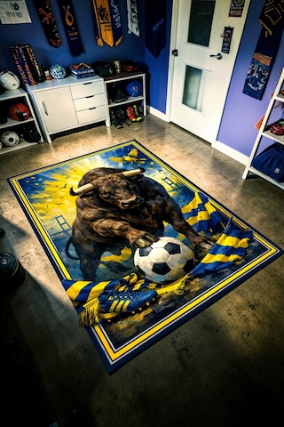 Taraftar Halısı Futbol Topu Desenli Antialerjik Kaymaz Taban Çocuk & Genç Odası Kilim Lacivert-sarı Lacivert-sarı