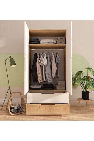 Flora 2 Kapaklı 2 Çekmeceli Gardırop Safir Meşe - Beyaz Elbise Do