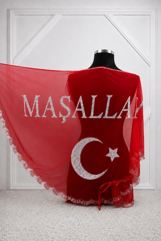 Azra Kına Kırmızı Ayyıldızlı Maşallah Pullu Örtü, Sünnet, Mevlid Töreni, Sünnet Omuz Örtüsü Sünnet Şalı, Kına Örtüsü