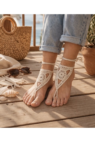 Boho Stil Barefoot Sandal El Yapımı Ekru Ayak Aksesuarı Çift