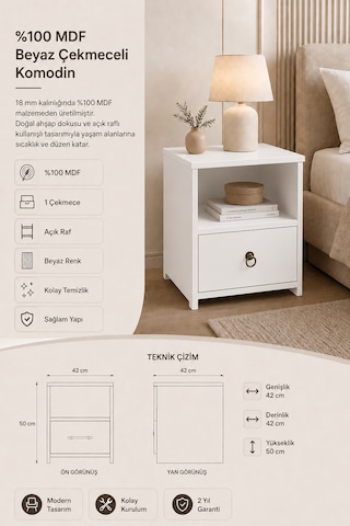 Renazzo %100 Mdf Komodin - Çekmeceli Beyaz