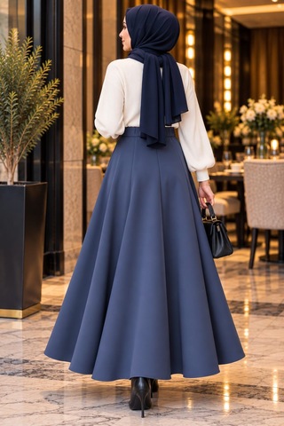 Esra Butik78 Scuba Kumaş Uzun Kloş Etek Siyah&lacivert-100 Cm