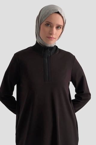 Armine Trend Kolları Ve Yakası Ribanalı Yarım Fermuarlı Crep Tunik Siyah 25kt456 Siyah