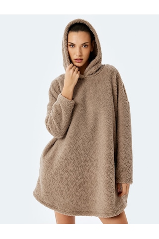 Koton Uzun Kollu Oversize Kapüşonlu Peluş Sabahlık Vizon 5wlk70020mk Vizon