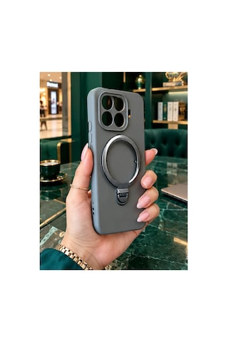 Mi 17t Pro İle Uyumlu 360 Derece Dönebilen Kalın Metal Magsafe Halka Stantlı İçi Kadife Korumalı Ultra Lüx Premium Silikon Kılıf Gri