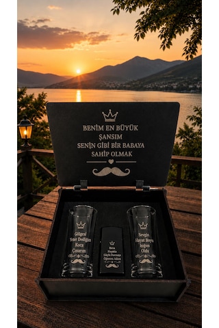 Babalar Gününe Özel Hediye Seti- Kişiye Özel Tasarım 2 Li Rakı Bardağı Ahşap Kutulu