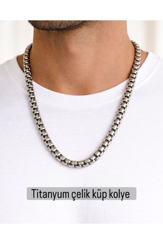 Kalın Kutu Zincir Kolye Box Chain Titanyum Çelik Şık Modern Tasarım Gümüş