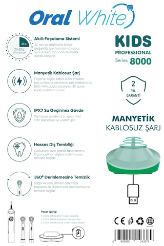 Oral White Professional Series 8000 Çocuklara Özel Şarjlı Diş Fırçası Yeşil Color Kids Yumuşak Başlık