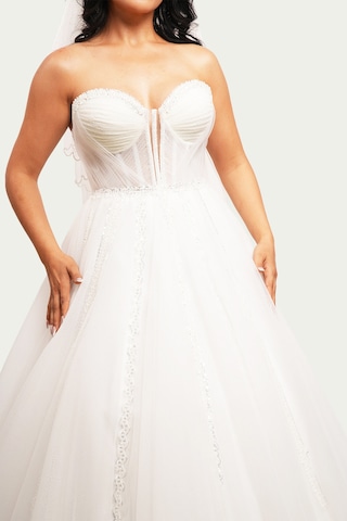 Canım Kendim Store İnci Beyazı Drape - Transparan Detaylı Helen Model Gelinlik Beyaz