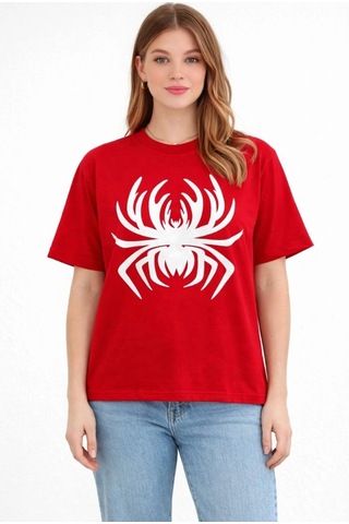 Wear Vexel Kadın Örümcek Baskılı Tişört Kısa Kollu Bisiklet Yaka T-shirt - Kırmızı Kırmızı