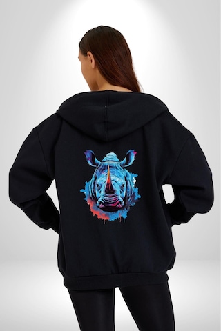Angemiel Su Aygırı Hipopotamo Renkli Kadın Erkek Siyah Renk Kapüşonlu Kanguru Cepli Fermuarlı Pamuklu Oversize Dijital Baskılı Hırka Sweatshirt Siyah