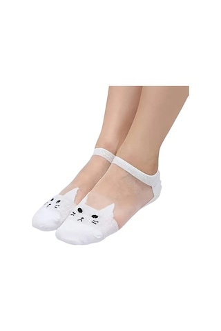 Hitit Socks Kadın 3 Çift Premium Kalite Kedi Desenli Tül Şeffaf Çorap Çok Renkli ASORTİ