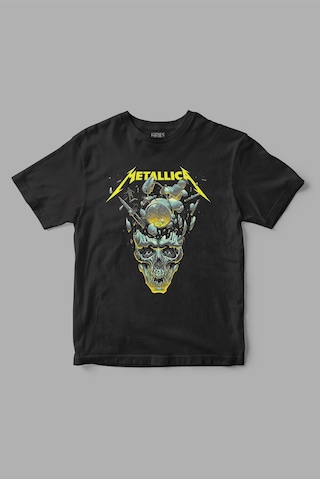 Gries Metallica Yellow Skull Baskılı Tişört Siyah