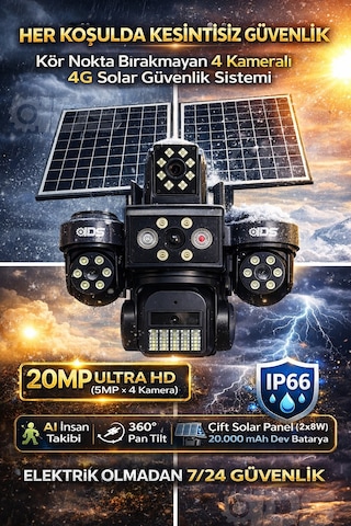 20mp Ultra Hd 4 Lens Tam Kontrol Güneş Enerjili Kamera Sim Kartlı Dual Led 12xzoom Çakar Led Siren