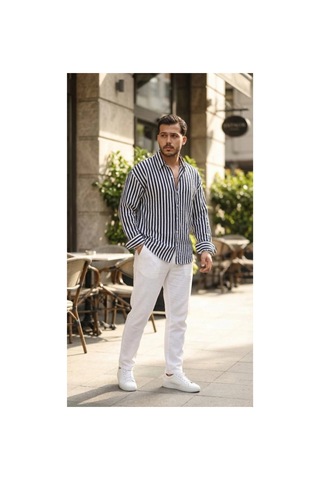 Butik İstanbul Erkek Dikey Çizgili Yarım Oversize Gömlek Lacivert