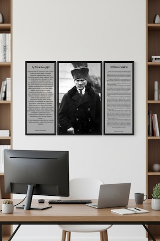 Çerçeveli Atatürk Tablosu 3 Lü Set Gençliğe Hitabe, Atatürk Portresi Ve İstiklal Marşı