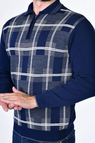 Kamalı Erkek Çelik Örgü Oduncu Desenli Gömlek Yaka Fermuarlı Polo Yakalı Tüylenmez Triko Kışlık Baba Kazak Lacivert