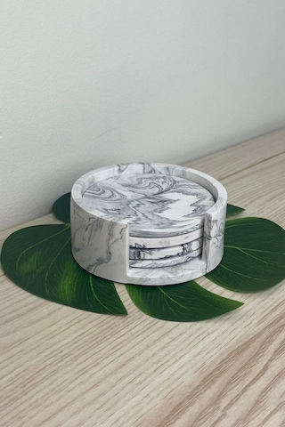 Modern Mermer Desenli 4 Lü Beton Bardak Altlığı & Organizer Minimalist Dekoratif Altlıklar Siyah Beyaz