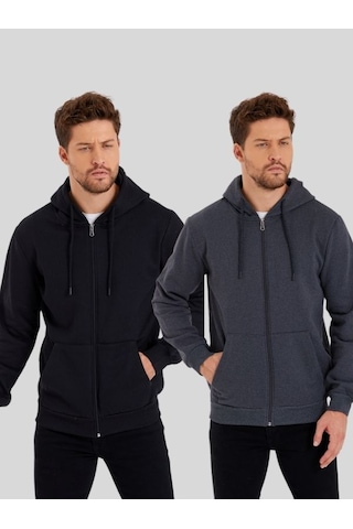 MMetalic Siyah-Antrasit Kanguru Cepli Kapüşonlu Fermuarlı İçi Pamuklu 2'Li Erkek Sweatshirt