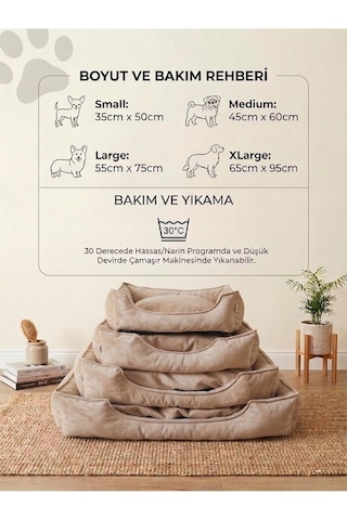 Plus Silinebilir Kedi Köpek Yatağı, Koltuk Kumaşı, Çıkartılabilir Minder, Bej, Xl