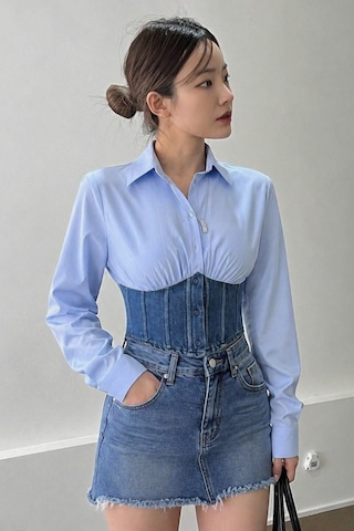 Tarz Cool Kadın Kot Korse Detaylı Özel Tasarım Slim Gömlek Mavi