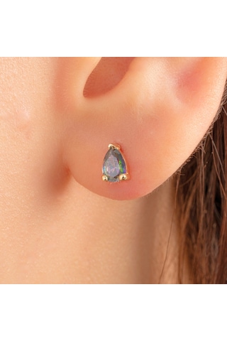 Altın Küpe - 14 Ayar Altın Damla Desenli Mistik Topaz Taşlı Küpe Sarı